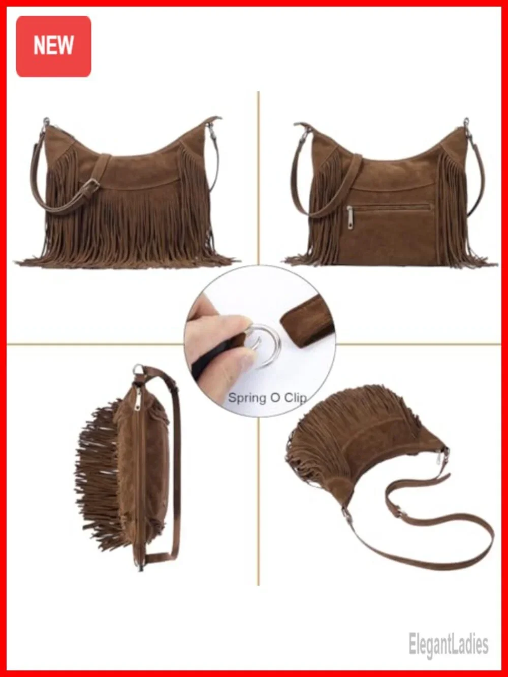 Faux Suede Fringe Hobo Bag Adjustable Strap Crossbody Shoulder Purse
